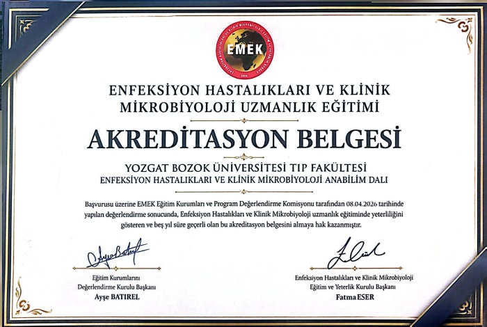 Yozgat Bozok Üniversitesi Enfeksiyon Hastalıkları EMEK Akreditasyon Belgesi